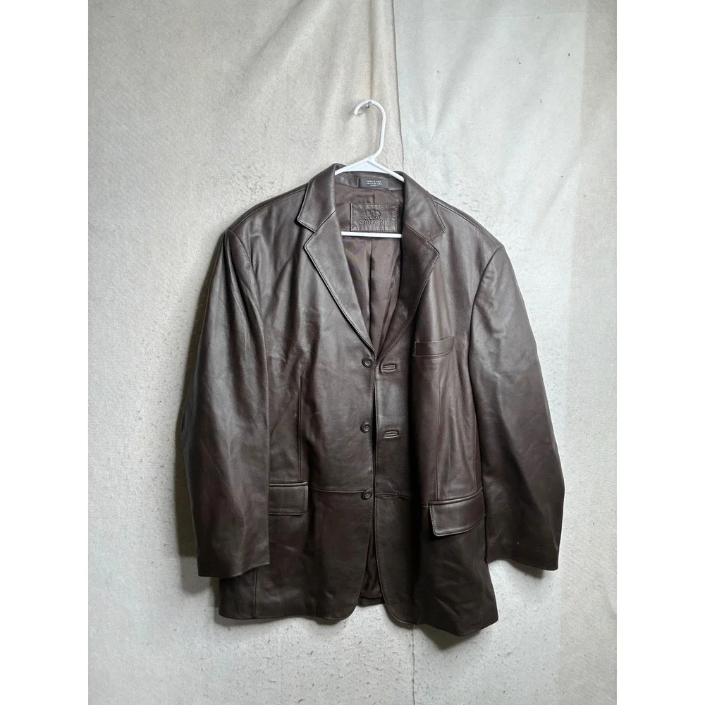 Stafford Mens Brown Genuine Leather Blazer Jacket 3 Button Nappa Medium RN93677